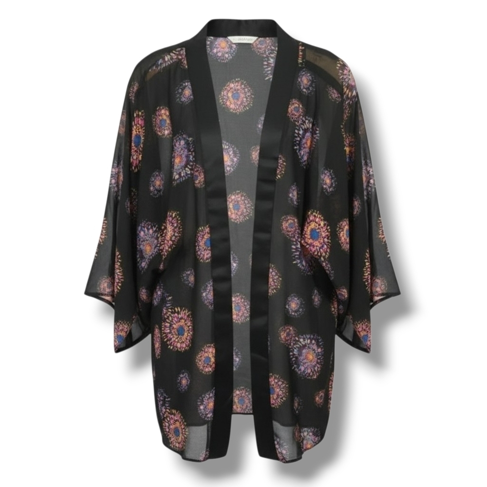 MUDD women's black multicolor Pattern semi-sheer short sleeves kimono cardigan​